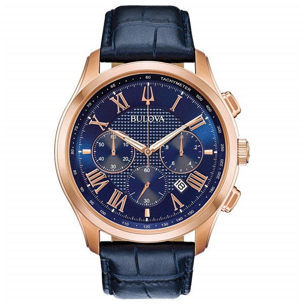 Bulova Men Watch 97B170 Rose Gold Blue Strap